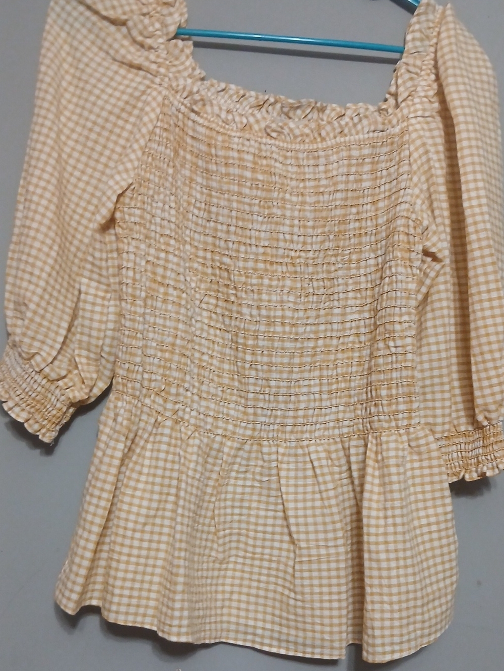Max Studio Cream and White Gingham Smocked Peplum Top